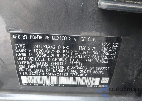 2023 Honda Hr-V 2Wd Lx из США, поврежденный, VIN 3CZRZ1H35PM724429